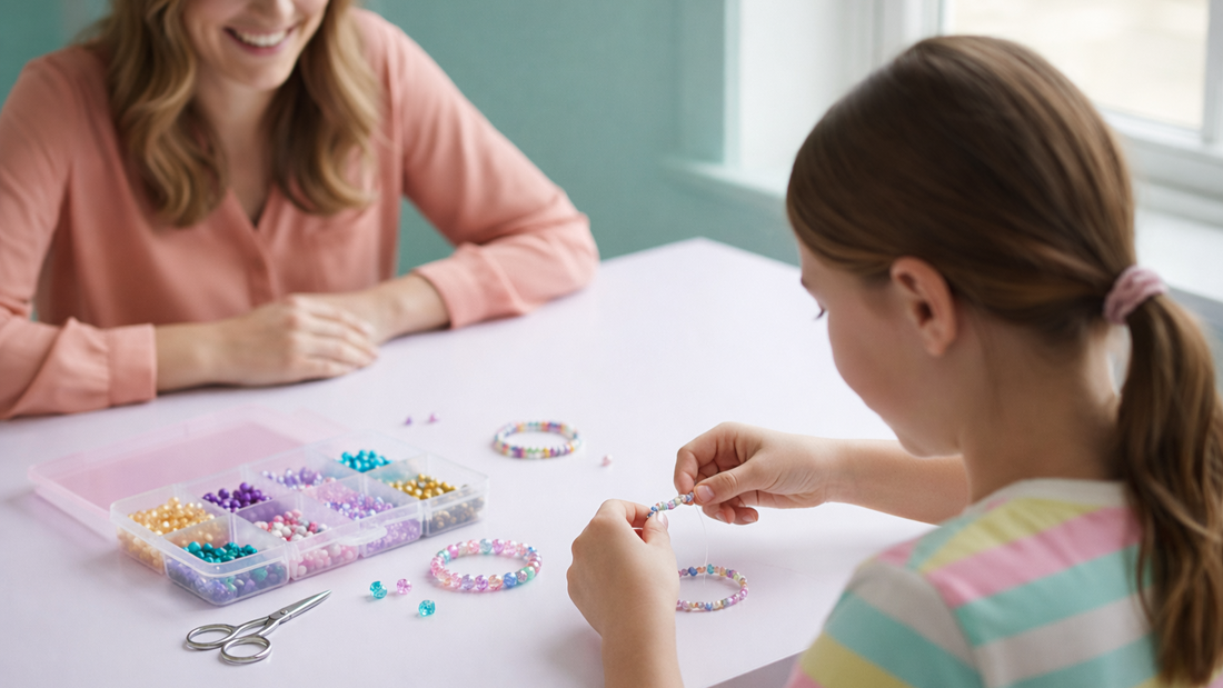Tween girl making a beaded bracelet from a bracelet kit while her mother watches and encourages her at the table