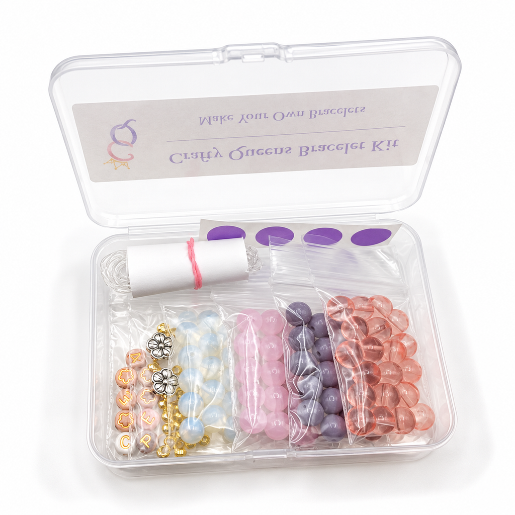 Blush Pop bracelet kit with pink, peach, mauve, and pearly white glass beads, letter beads, floral charms, and bracelet-making supplies