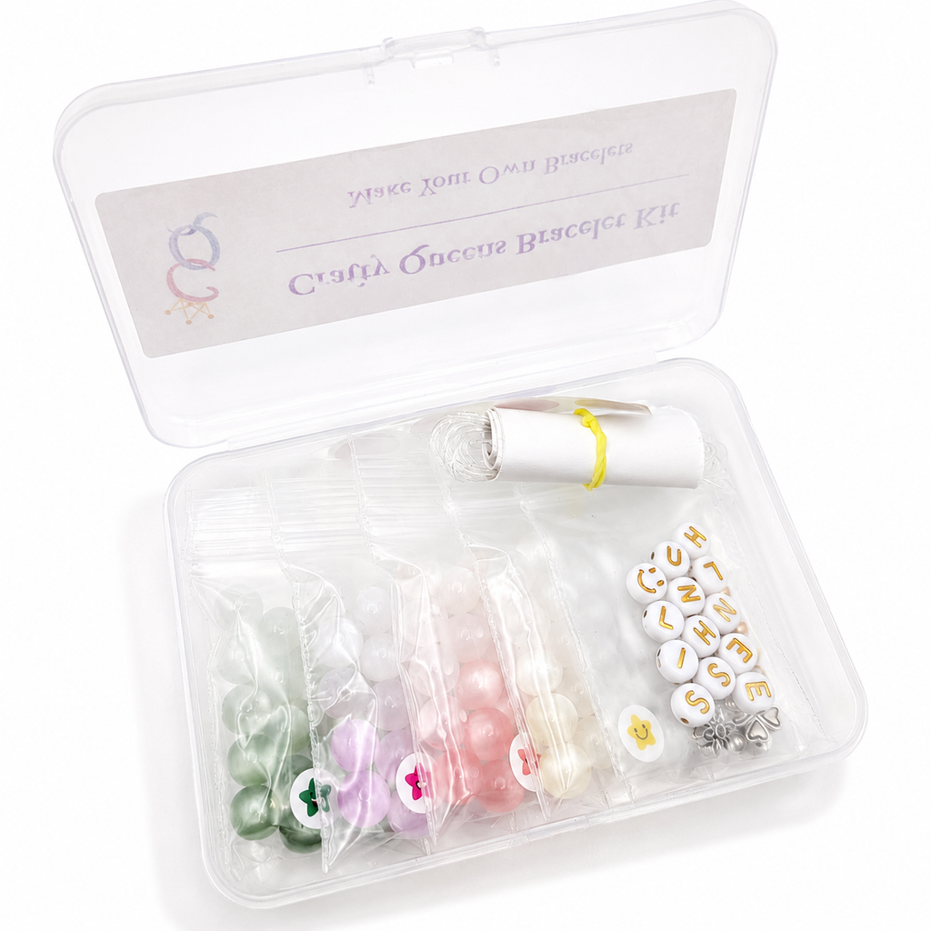 Hidden Hues bracelet kit with UV-reactive cat's eye beads, letter beads, floral accents, and bracelet-making supplies