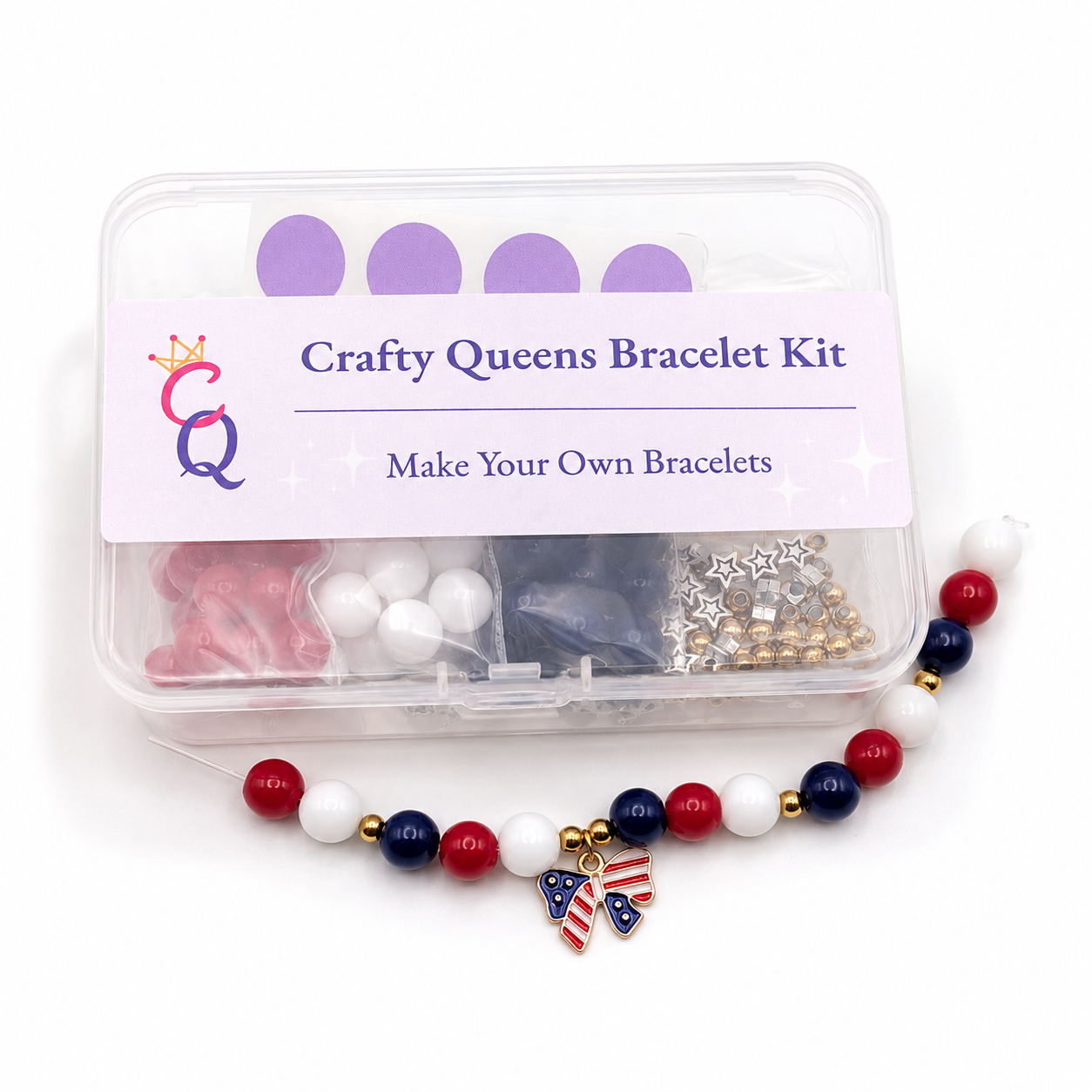 Celebrate Freedom bracelet kit with red white and blue beads, letter beads, star spacers, patriotic charm, and bracelet-making supplies