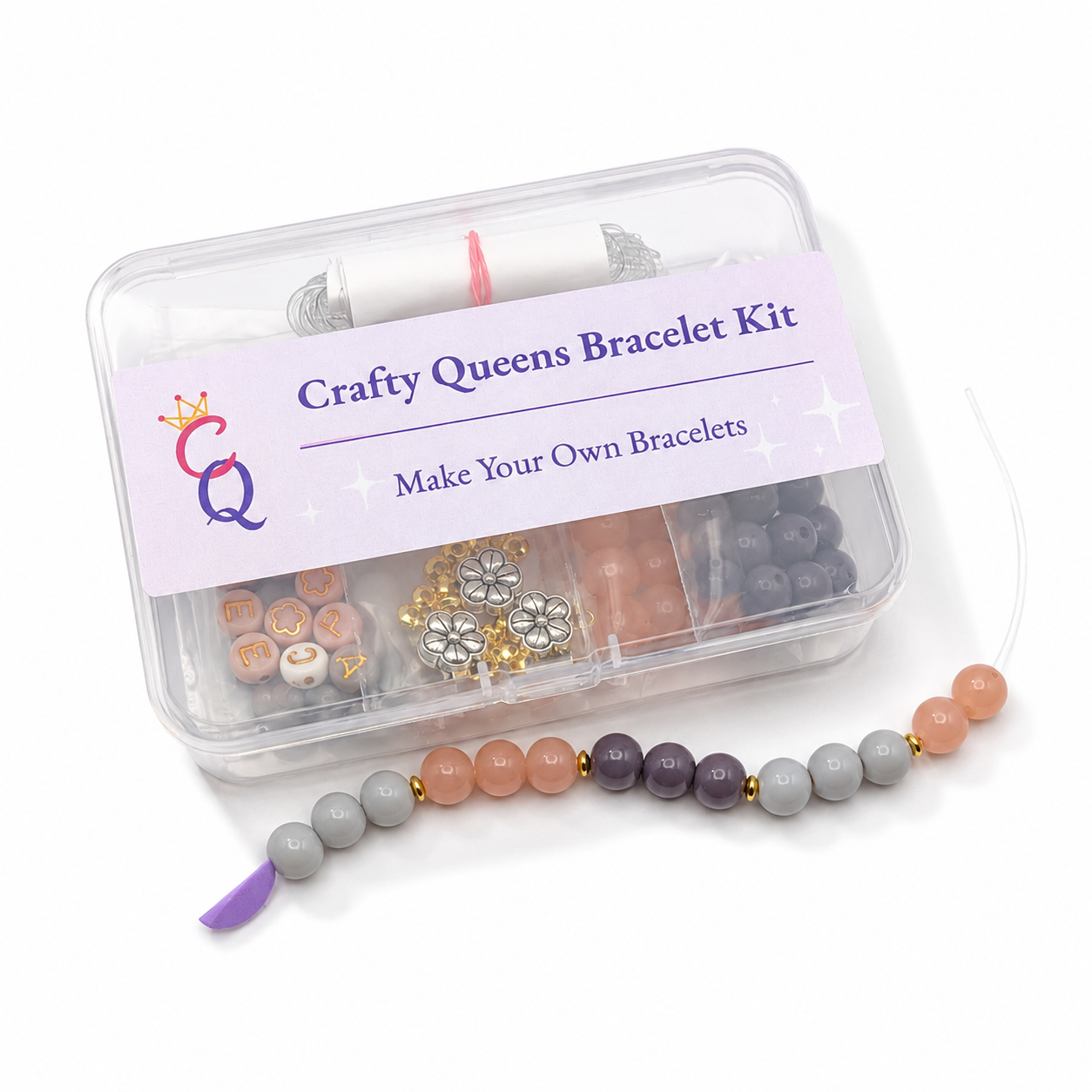 Blush Pop bracelet kit with pink, peach, mauve, and gray glass beads, letter beads, floral charms, and bracelet-making supplies