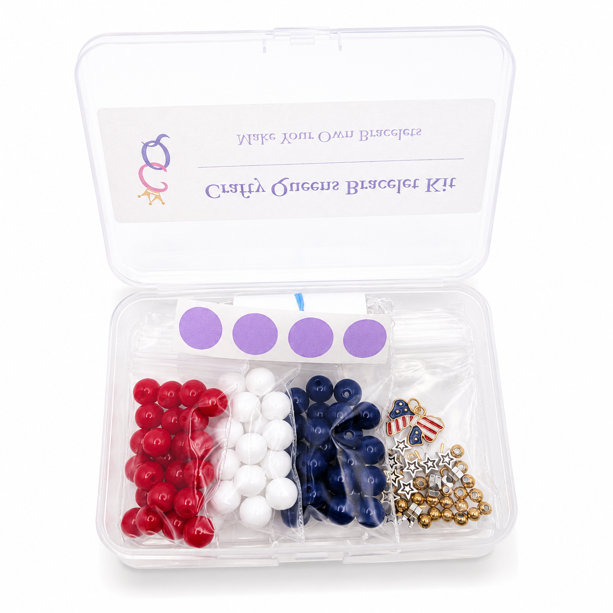 Celebrate Freedom bracelet kit with red white and blue beads, letter beads, star spacers, patriotic charm, and bracelet-making supplies