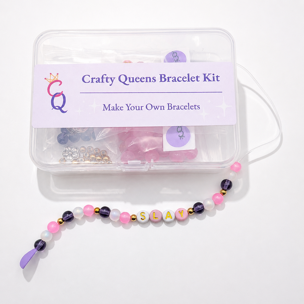 pink DIY bracelet kit with beads and letter bead bracelet spelling SLAY, beaded bracelet making kit for girls