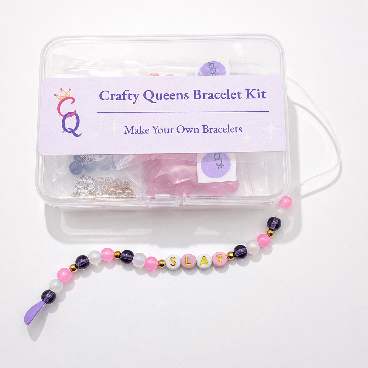 pink DIY bracelet kit with beads and letter bead bracelet spelling SLAY, beaded bracelet making kit for girls