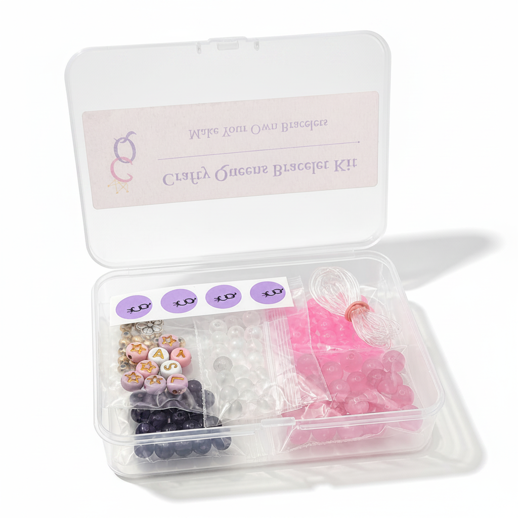 open DIY bracelet making kit with pink glass beads, purple beads, letter beads, spacers, and elastic cord arranged in a storage box