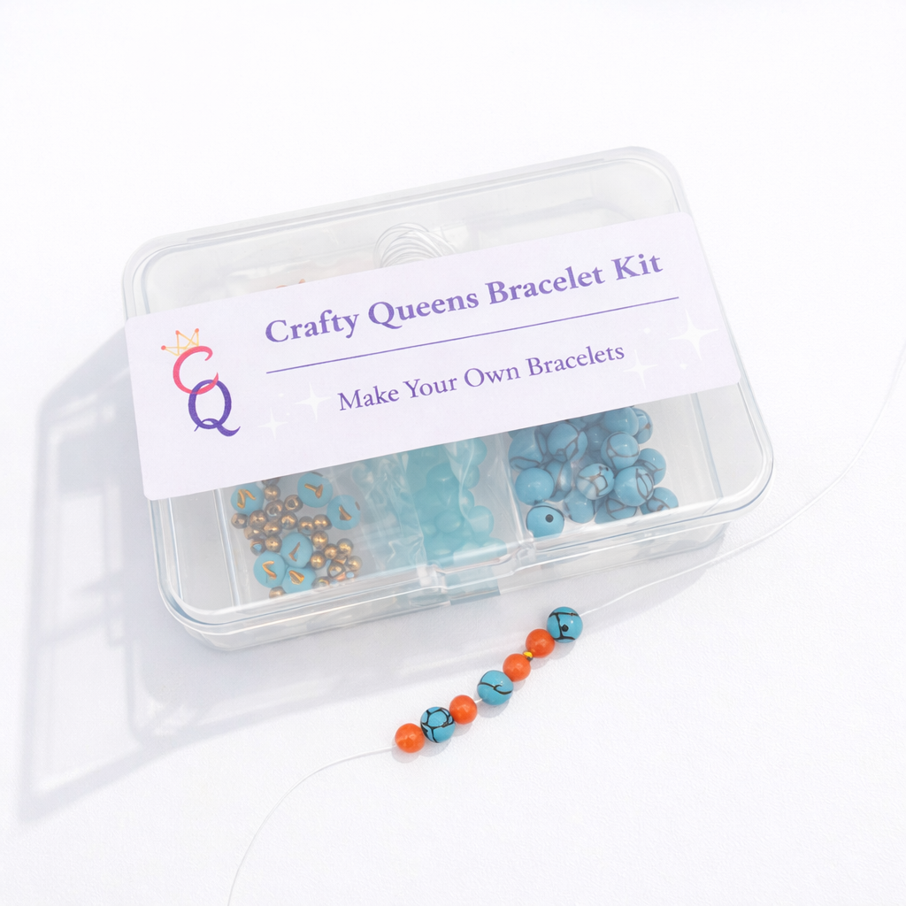 Crafty Queens bracelet kit with teal beads, letter beads, and cord for making handmade beaded bracelets