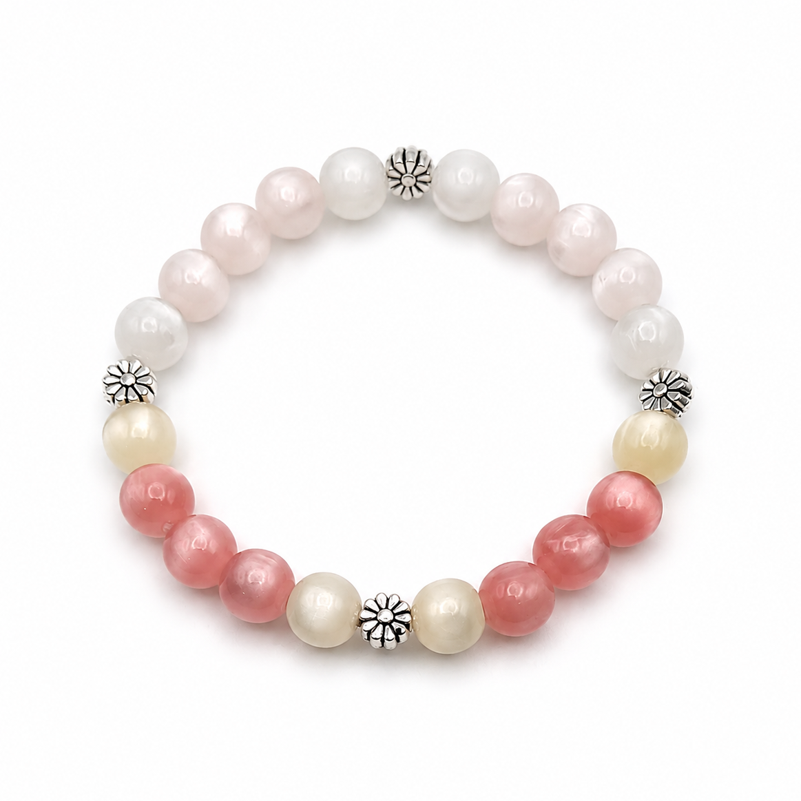 UV color changing bracelet with photochromic cat’s eye beads that transform from cream tones to blush pink and yellow hues in sunlight, featuring daisy-inspired metal spacers and stretch cord