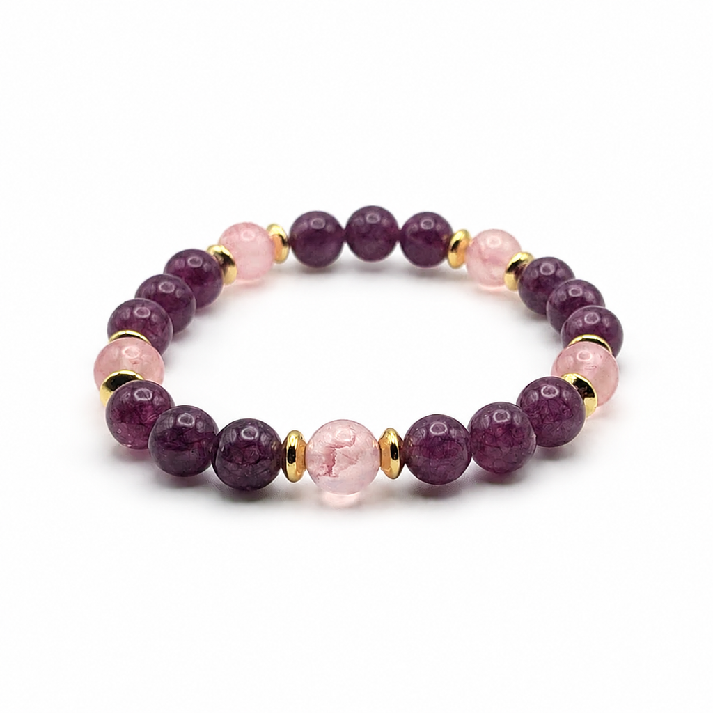 Seraphina Light Lepidolite Pink Persian Jade natural gemstone bracelet with golden spacers handmade by Crafty Queens