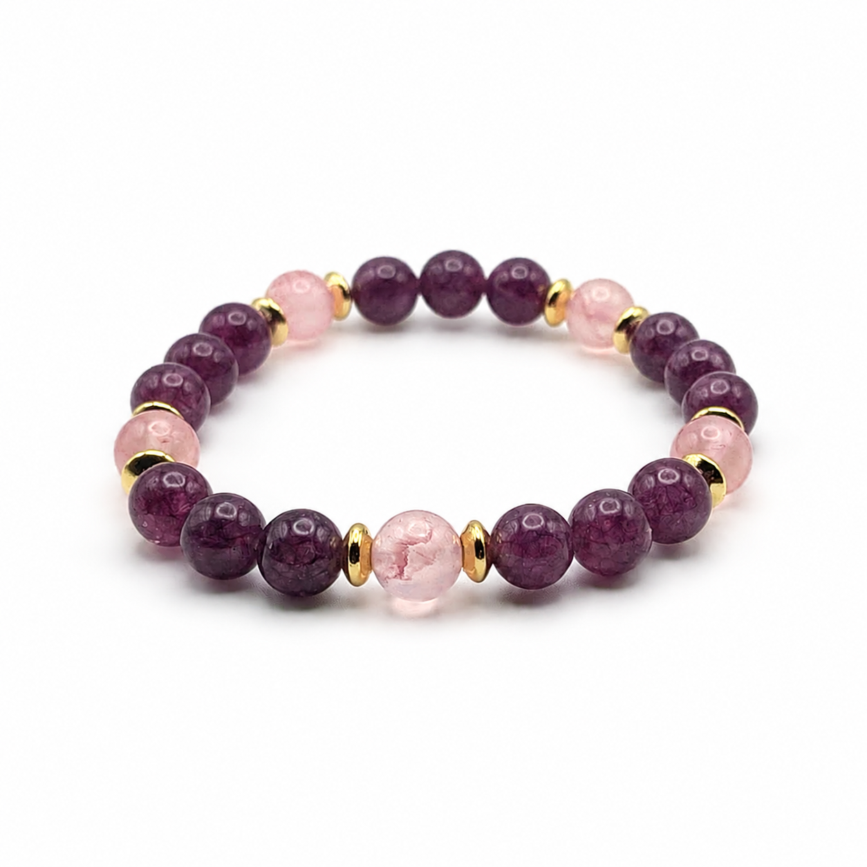 Seraphina Light Lepidolite Pink Persian Jade natural gemstone bracelet with golden spacers handmade by Crafty Queens