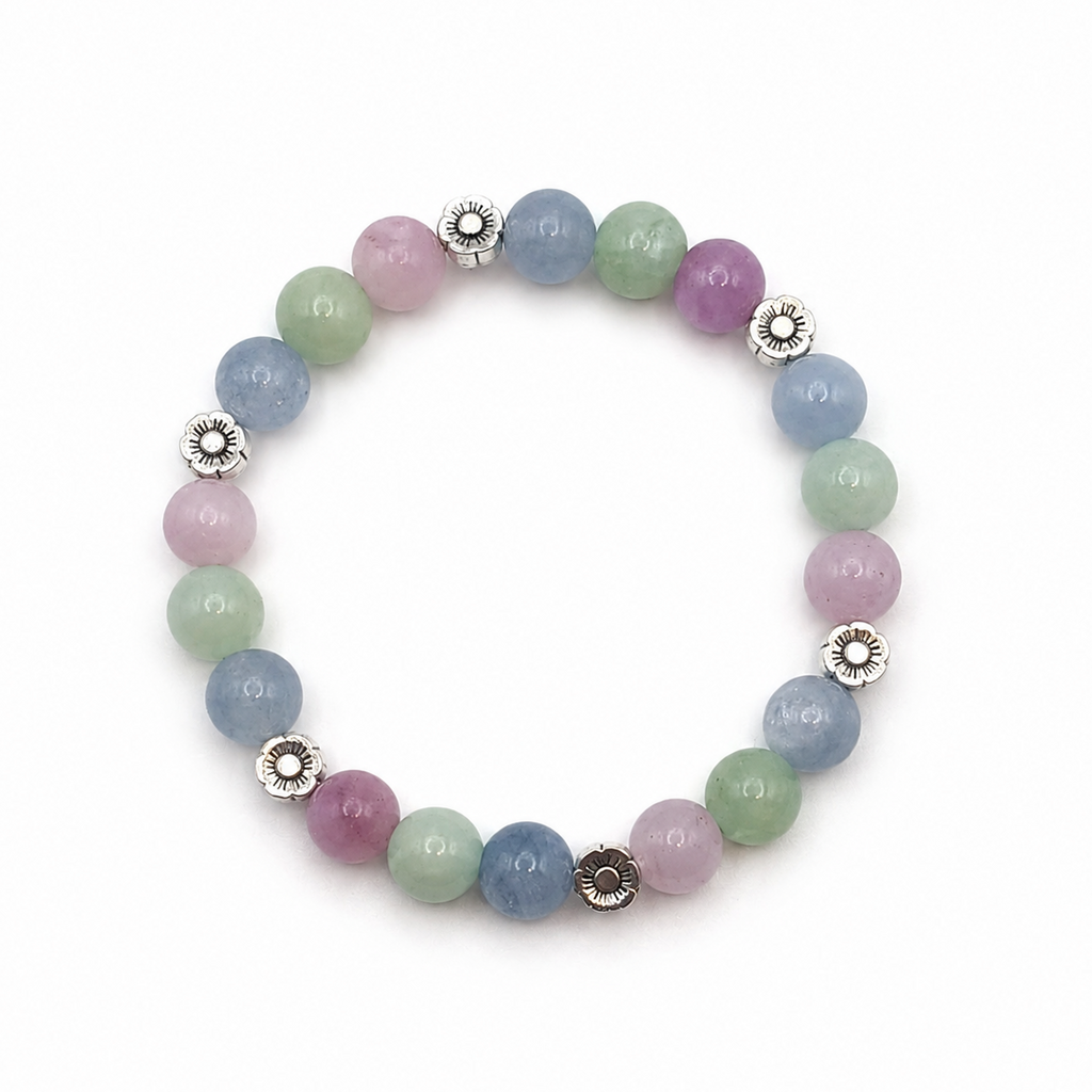 Handmade 8mm natural gemstone beaded bracelet with kunzite, blue aquamarine  and green jade tones, and flower-shaped metal spacers