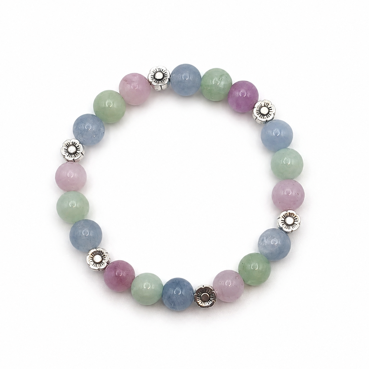 Handmade 8mm natural gemstone beaded bracelet with kunzite, blue aquamarine  and green jade tones, and flower-shaped metal spacers
