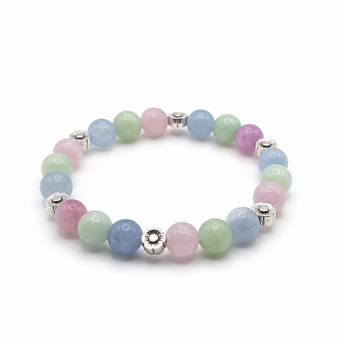 Handmade 8mm natural gemstone beaded bracelet with kunzite, blue aquamarine  and green jade tones, and flower-shaped metal spacers
