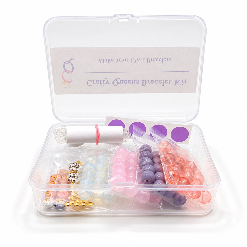 Blush Pop bracelet kit with pink, peach, mauve, and pearly white glass beads, letter beads, floral charms, and bracelet-making supplies