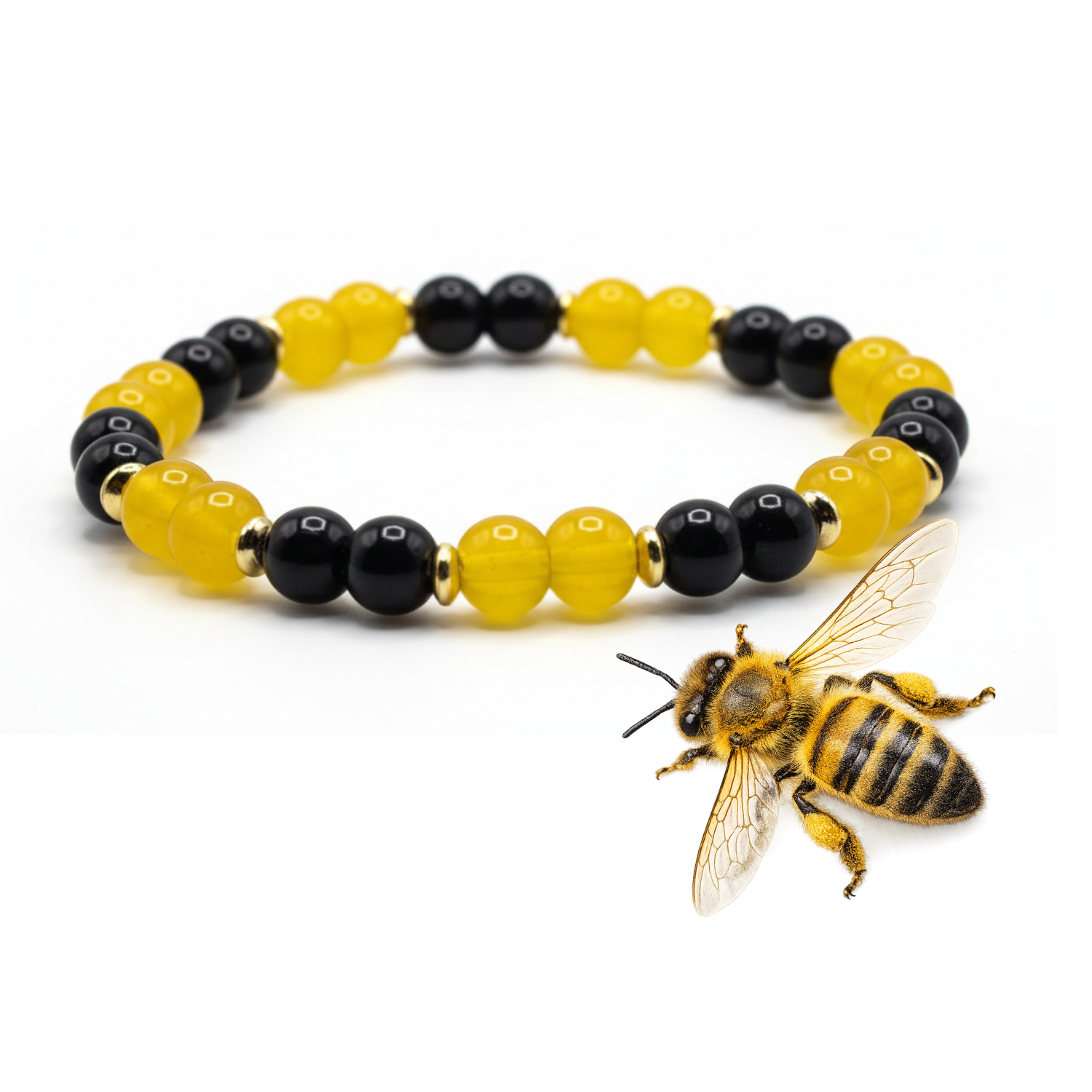 Sweet Honeybee glass bead bracelet with yellow and black beads handmade by Crafty Queens