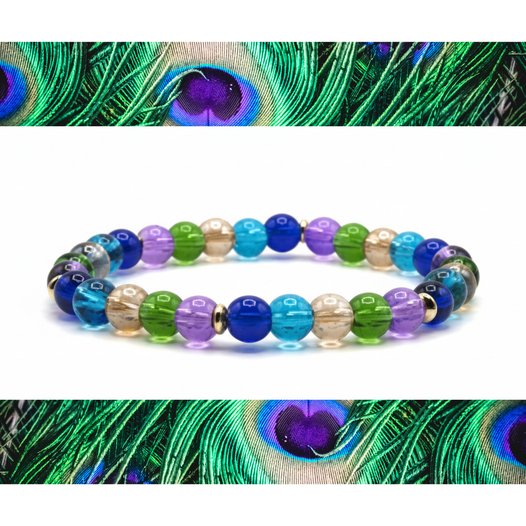 Majestic Peacock glass bead bracelet with blue green teal purple beads handmade by Crafty Queens