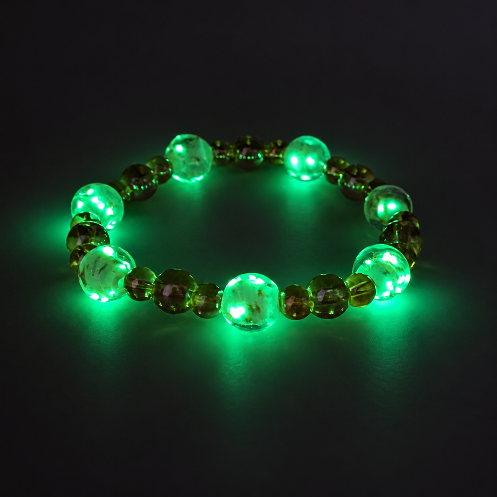 Golden Firefly bracelet glowing vivid green in darkness, with seven illuminated 10mm lampwork glass beads