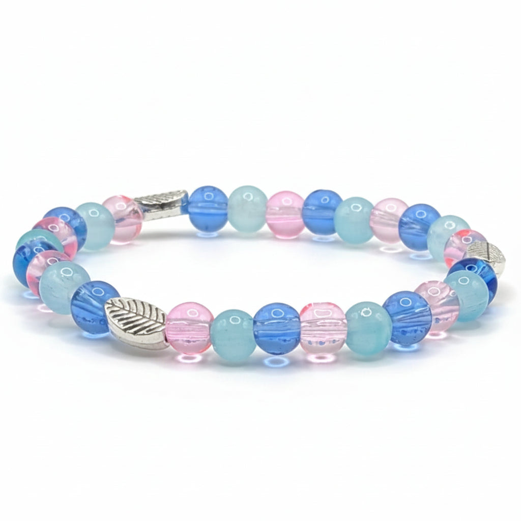 Elysian Leaf clear glass bead bracelet with silver leaf charms handmade by Crafty Queens
