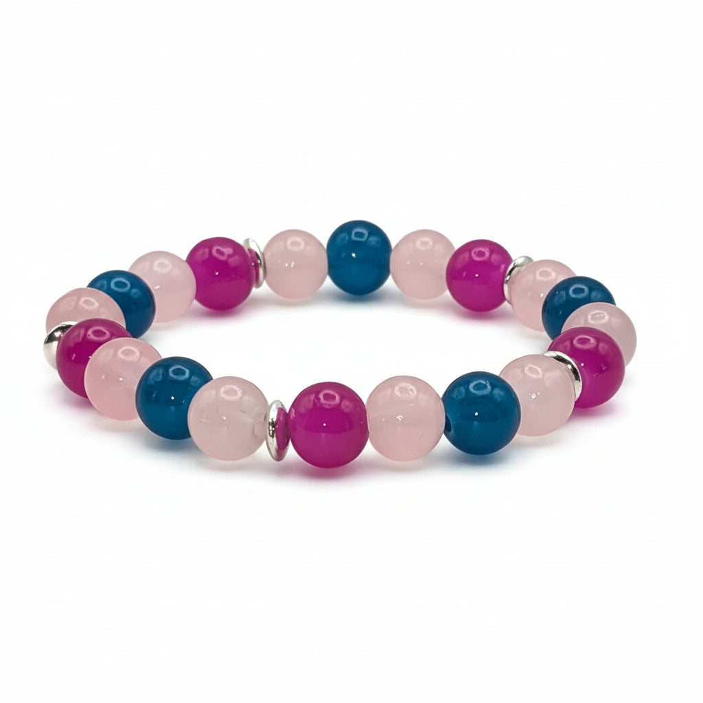 Princess Dazzle pink magenta blue glass bead bracelet with silver spacers handmade by Crafty Queens
