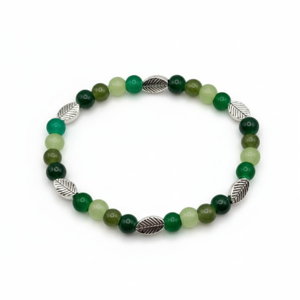 Palette of Harmony Green green glass bead bracelet with silver leaf charm handmade by Crafty Queens