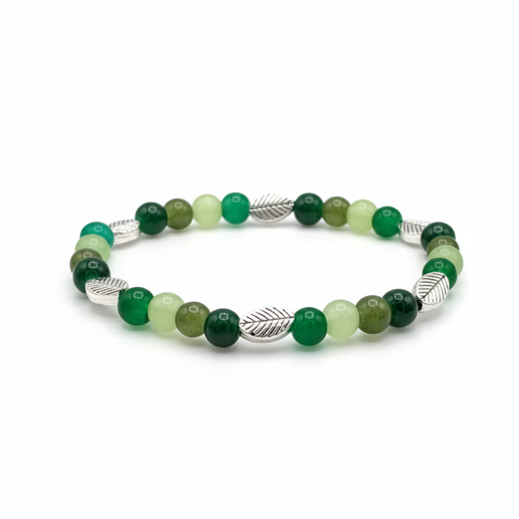 Palette of Harmony Green green glass bead bracelet with silver leaf charm handmade by Crafty Queens