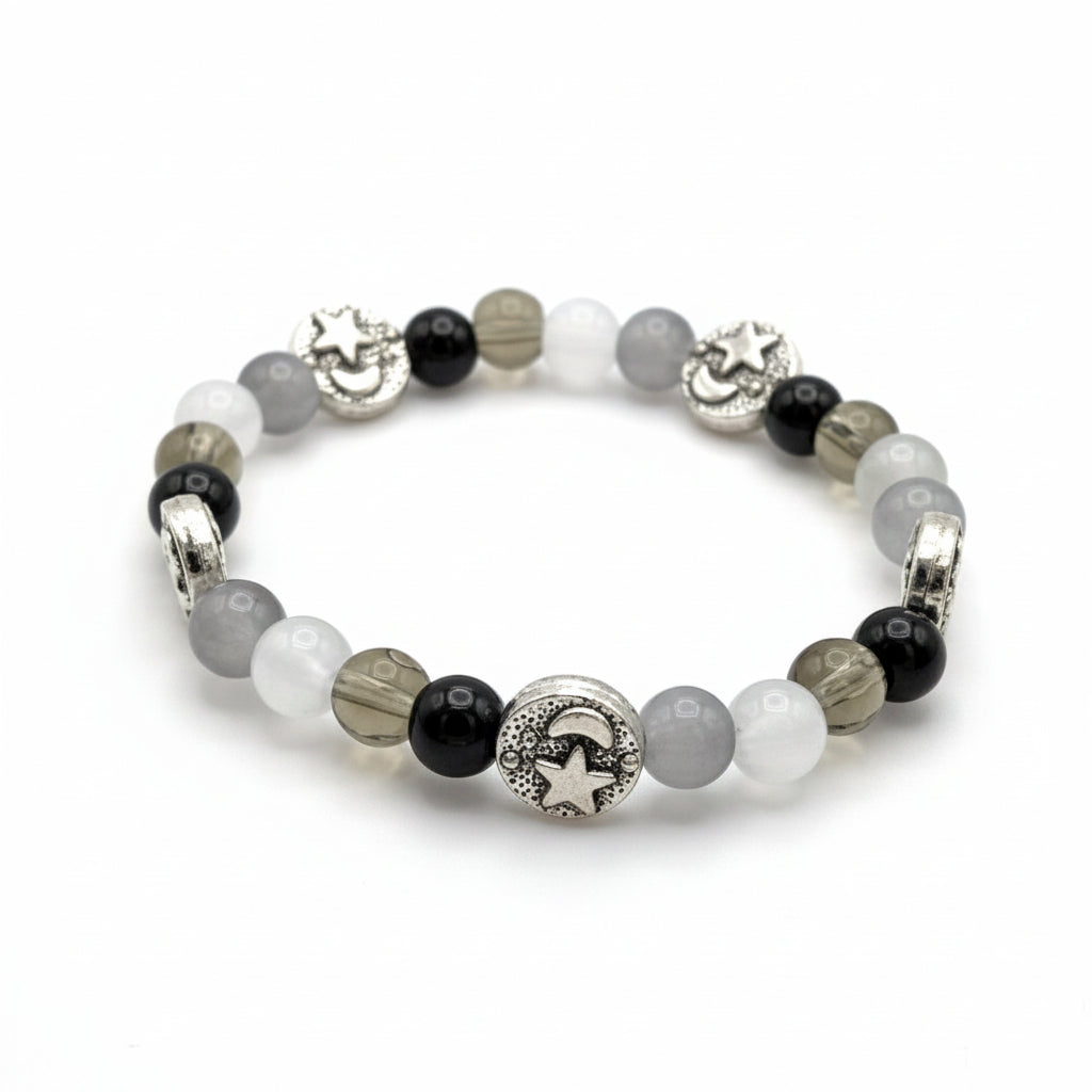 Palette of Harmony Gray gray glass bead bracelet with silver night-themed charm handmade by Crafty Queens