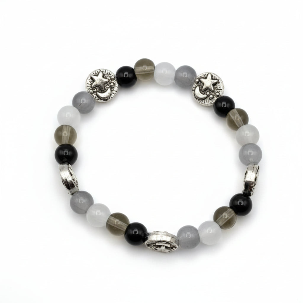 Palette of Harmony Gray gray glass bead bracelet with silver night-themed charm handmade by Crafty Queens