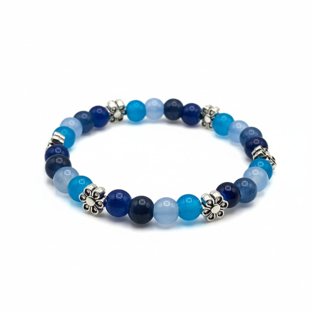Palette of Harmony Blue blue glass bead bracelet with silver flower charm handmade by Crafty Queens