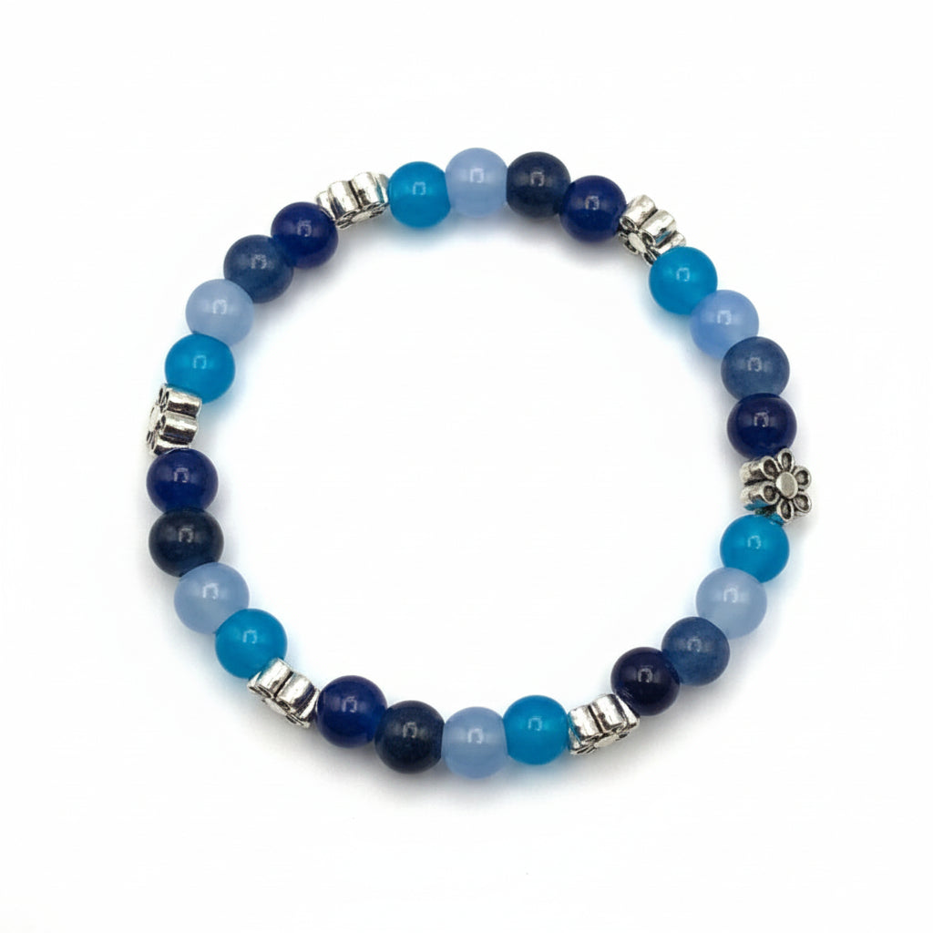 Palette of Harmony Blue blue glass bead bracelet with silver flower charm handmade by Crafty Queens