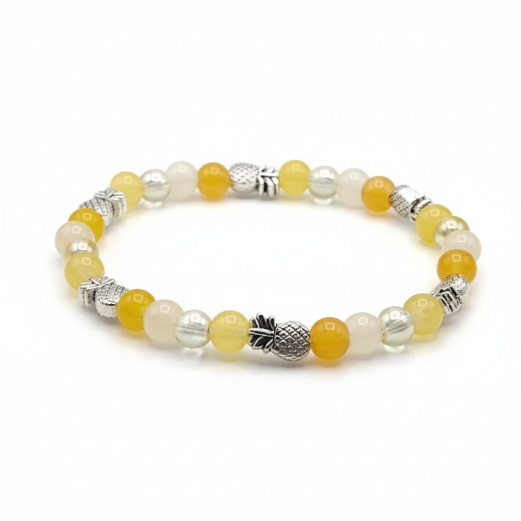 Palette of Harmony Yellow yellow glass bead bracelet with silver pineapple charm handmade by Crafty Queens