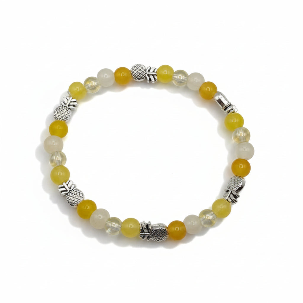 Palette of Harmony Yellow yellow glass bead bracelet with silver pineapple charm handmade by Crafty Queens