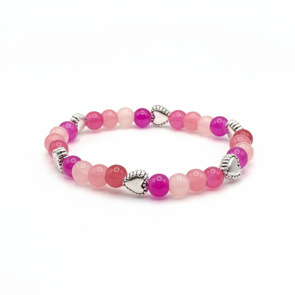 Palette of Harmony Pink pink glass bead bracelet with silver heart charm handmade by Crafty Queens