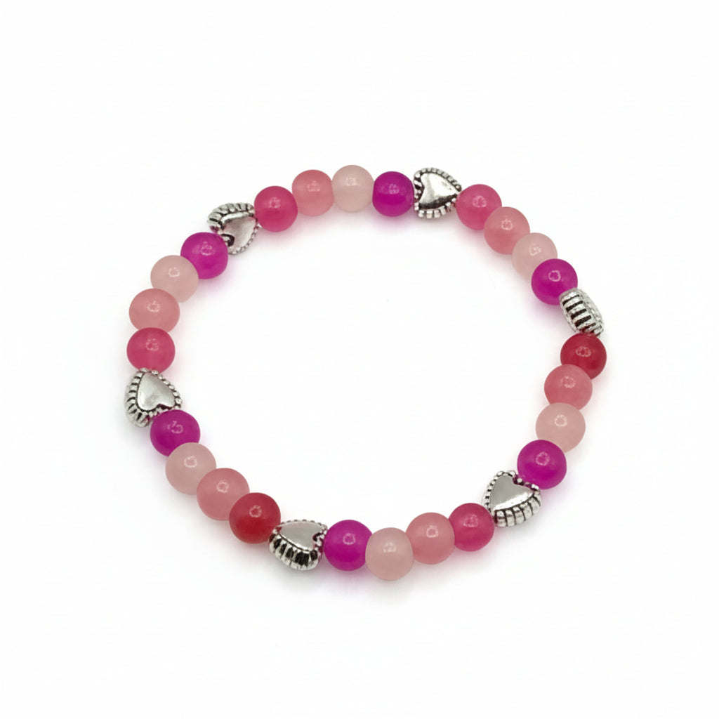 Palette of Harmony Pink pink glass bead bracelet with silver heart charm handmade by Crafty Queens