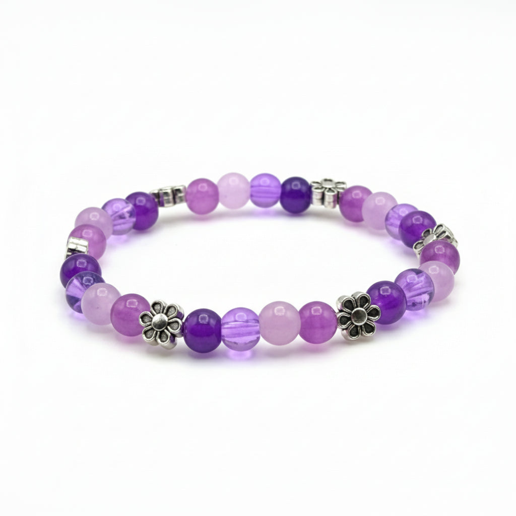 Palette of Harmony Purple purple glass bead bracelet with silver flower charm handmade by Crafty Queens