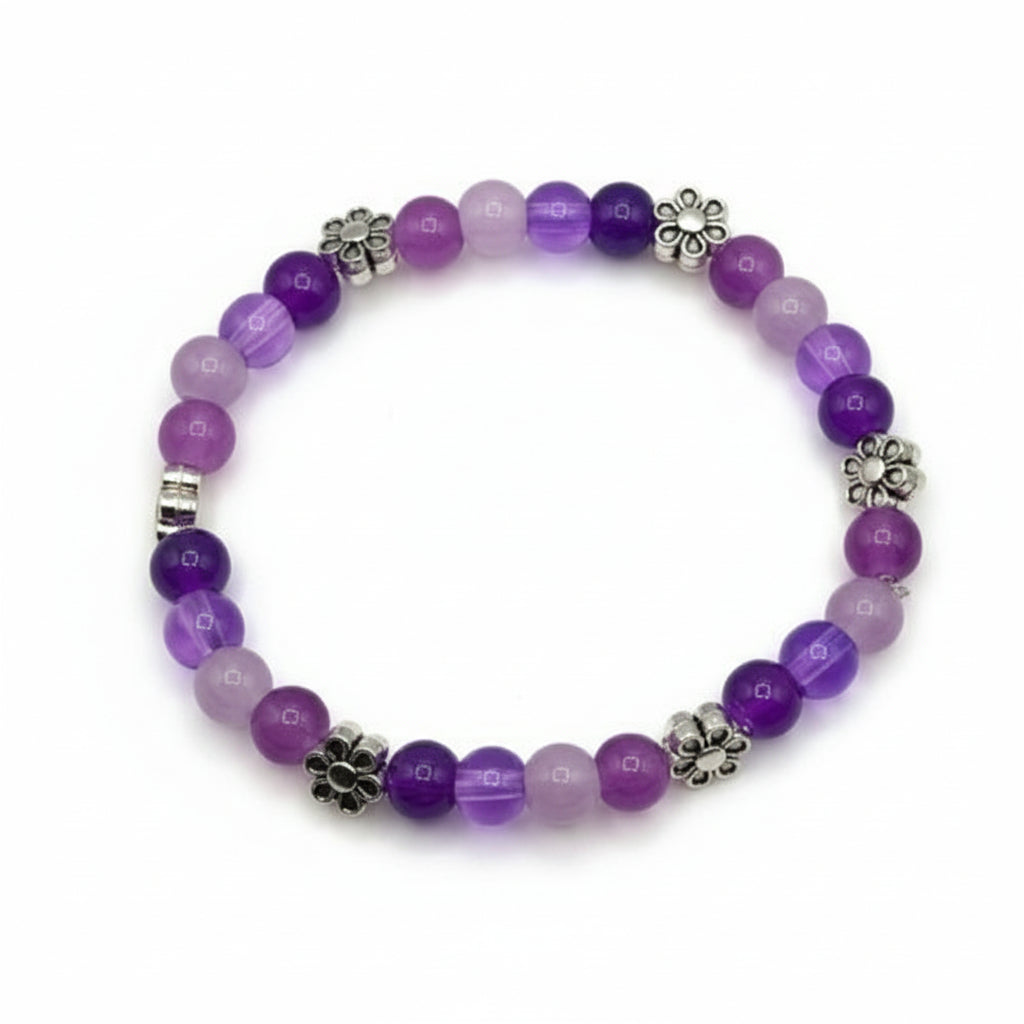 Palette of Harmony Purple purple glass bead bracelet with silver flower charm handmade by Crafty Queens