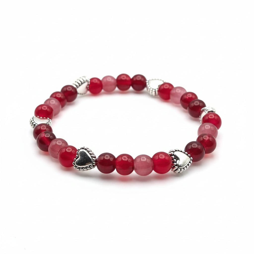 Palette of Harmony Red red glass bead bracelet with silver heart charm handmade by Crafty Queens