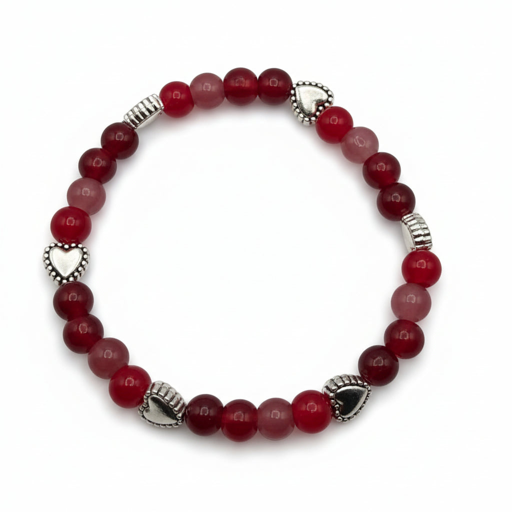 Palette of Harmony Red red glass bead bracelet with silver heart charm handmade by Crafty Queens