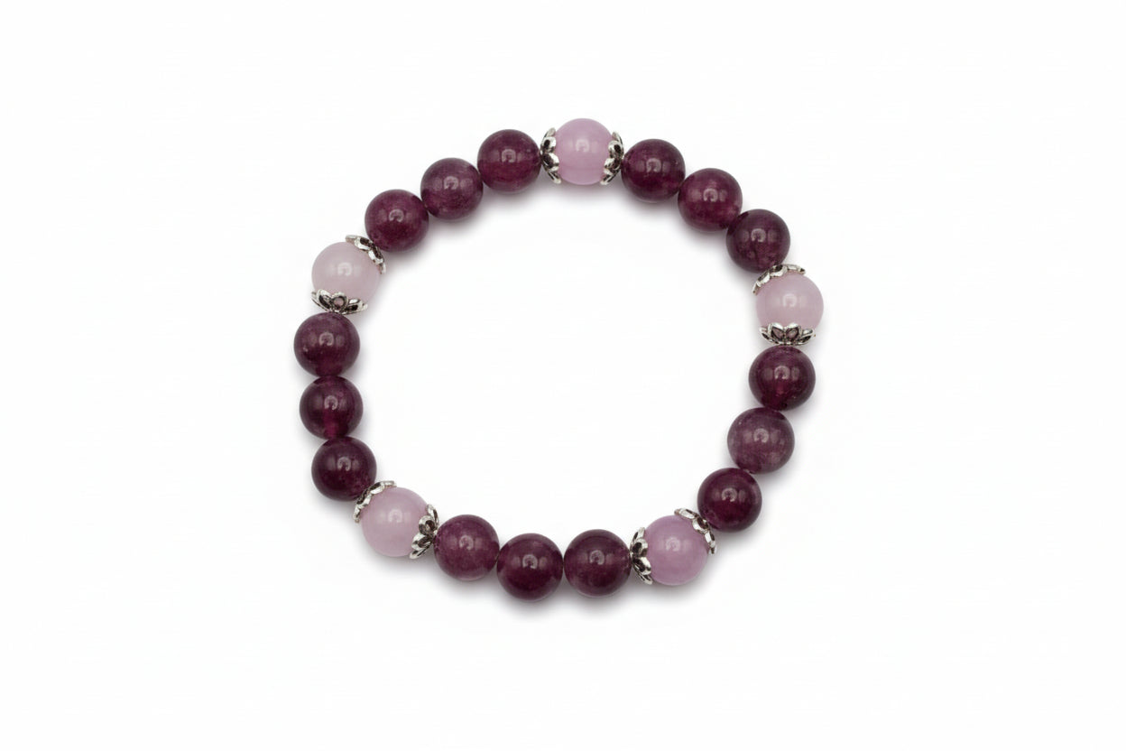 Seraphina Light Lepidolite Kunzite natural gemstone bracelet with silver spacers handmade by Crafty Queens