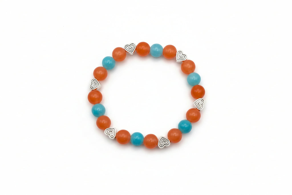 Vivid Heart Bliss orange Jasper blue Amazonite natural gemstone bracelet with silver heart charm handmade by Crafty Queens