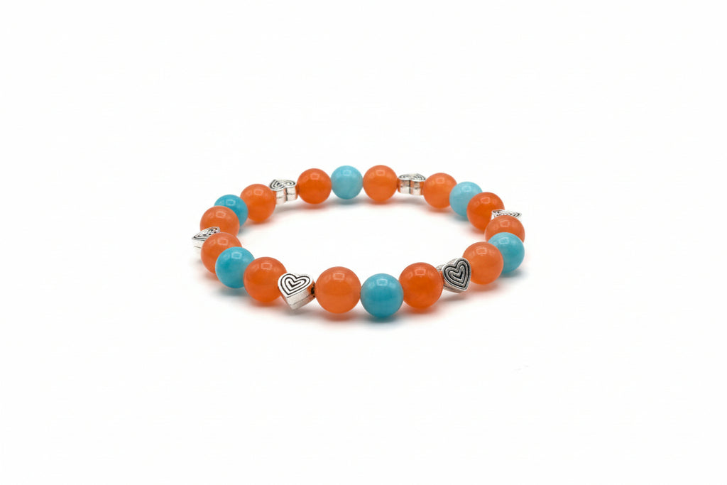 Vivid Heart Bliss orange Jasper blue Amazonite natural gemstone bracelet with silver heart charm handmade by Crafty Queens