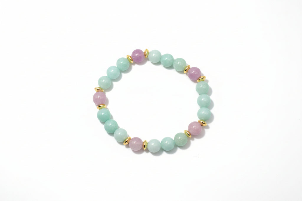 Tranquil Promise Amazonite Kunzite natural gemstone bracelet with golden spacers handmade by Crafty Queens