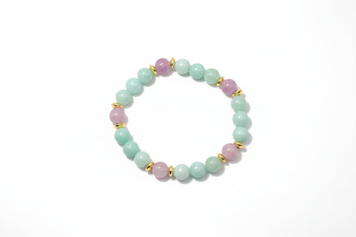 Tranquil Promise Amazonite Kunzite natural gemstone bracelet with golden spacers handmade by Crafty Queens