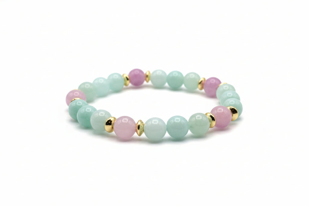 Tranquil Promise Amazonite Kunzite natural gemstone bracelet with golden spacers handmade by Crafty Queens