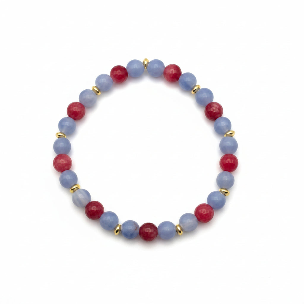 Sky Ember blue Agate red Jade natural gemstone bracelet with golden spacers handmade by Crafty Queens