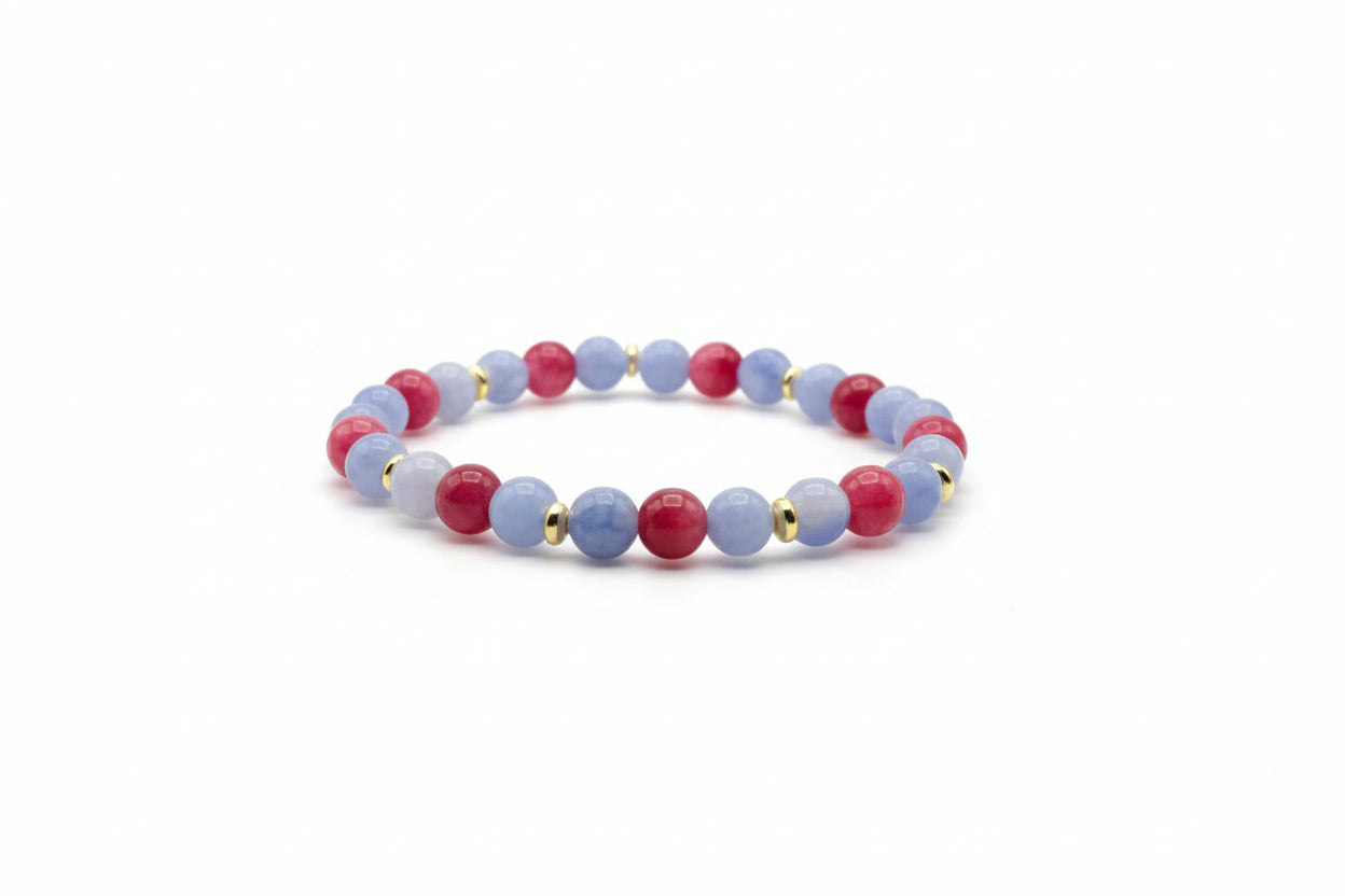Sky Ember blue Agate red Jade natural gemstone bracelet with golden spacers handmade by Crafty Queens