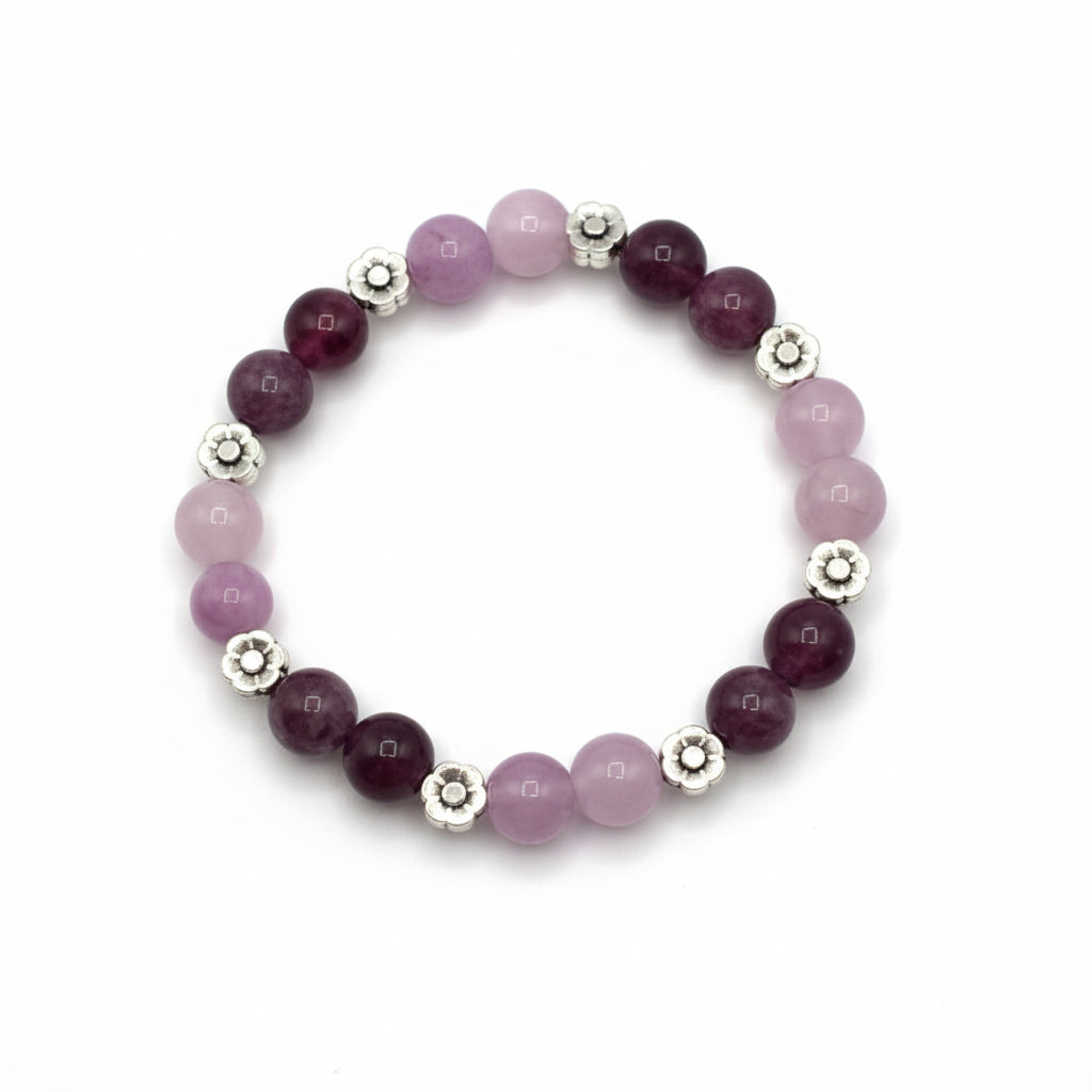 Whispering Orchid Kunzite Lepidolite natural gemstone bracelet with silver flower charm handmade by Crafty Queens
