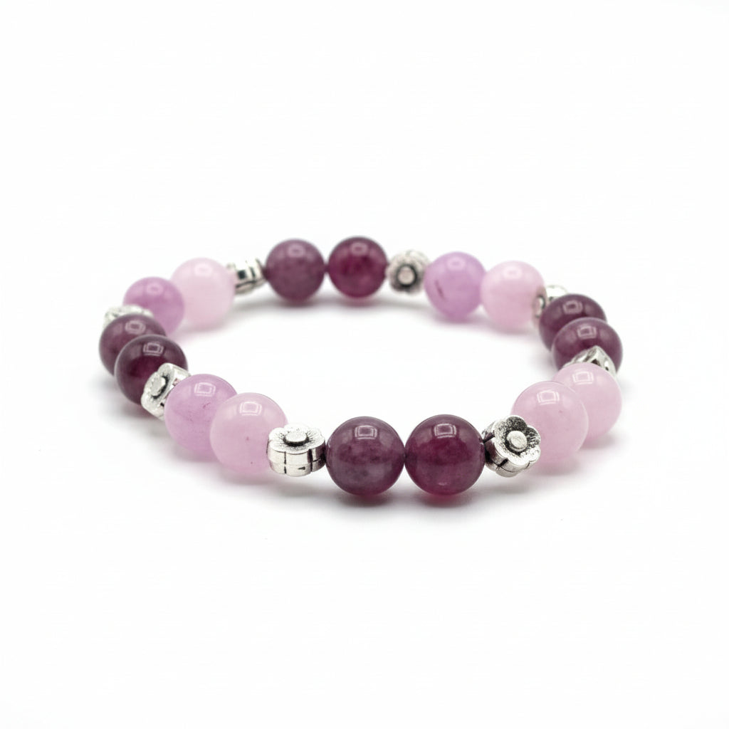 Whispering Orchid Kunzite Lepidolite natural gemstone bracelet with silver flower charm handmade by Crafty Queens