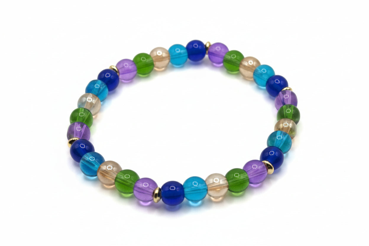Majestic Peacock glass bead bracelet with blue green teal purple beads handmade by Crafty Queens