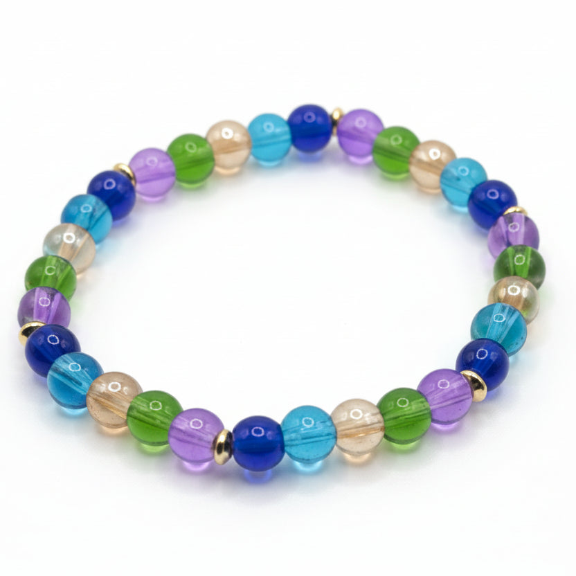 Majestic Peacock glass bead bracelet with blue green teal purple beads handmade by Crafty Queens