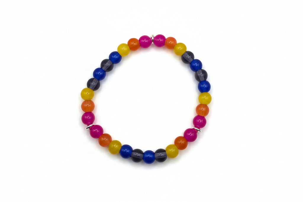 Dwarf Kingfisher glass bead bracelet with pink yellow blue gray orange tone beads handmade by Crafty Queens
