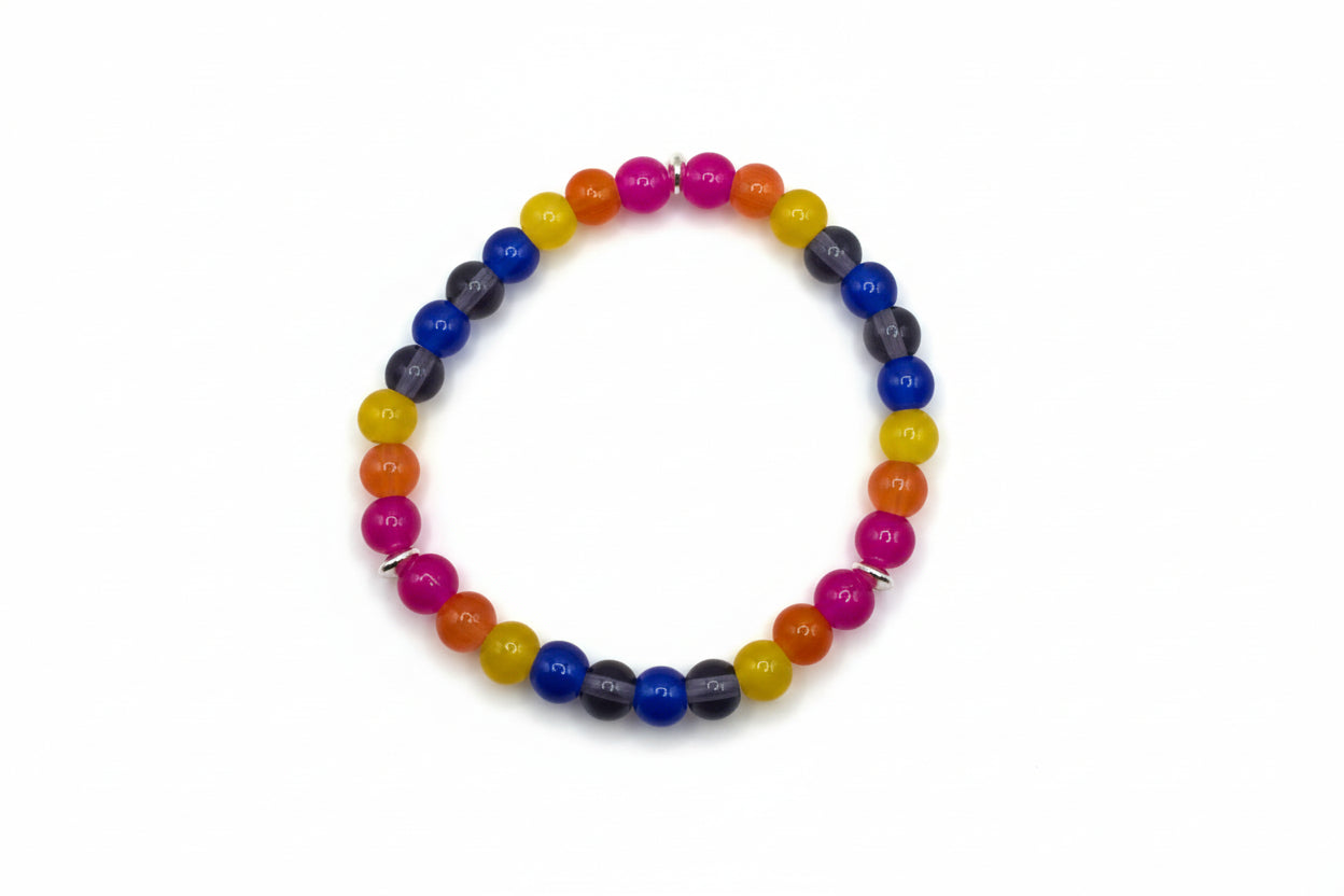 Dwarf Kingfisher glass bead bracelet with pink yellow blue gray orange tone beads handmade by Crafty Queens